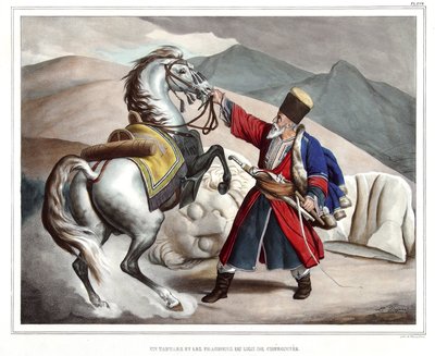 A Tartare and Fragments of the Lion of Cheronnee. in Journey to Athenes and Constantinople, or Collection of Greek and Ottoman Portraits, Views and Costumes, Painted on Places of Nature, Lithographs and Colories by Louis Dupre (1825) by Louis Dupré