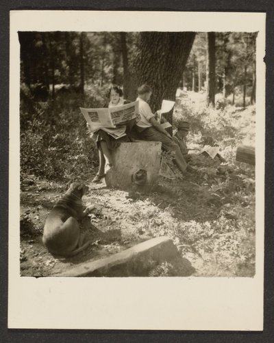 [Couple Reading Newspaper in Woods] by Louis Fleckenstein