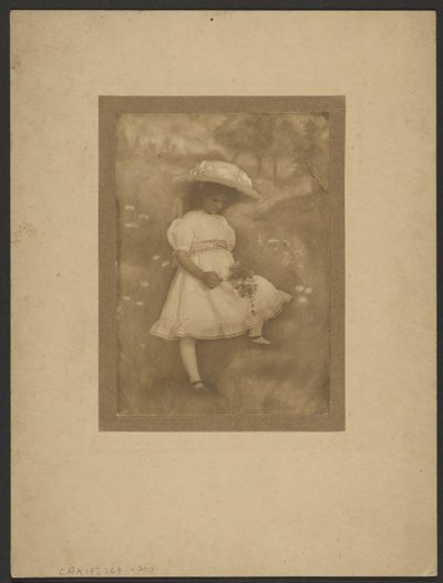 Portrait of a Girl with Flowers Before Painted Backdrop by Louis Fleckenstein