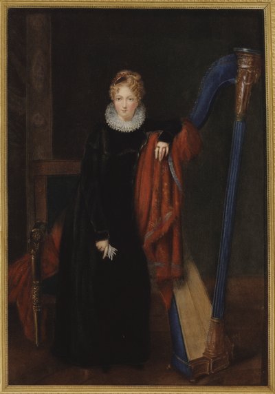 Portrait of a lady with a harp by Louis Francois Aubry