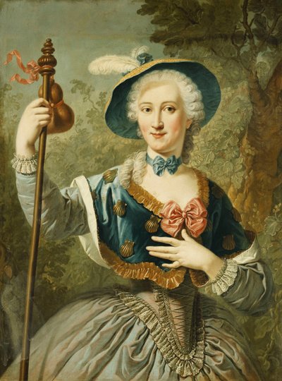 Portrait of a Lady, Three-Quarter Length, Dressed as a Pilgrim, and Wearing a Blue Lined Straw Hat and Feather, 1747 by Louis Jean François Lagrenée