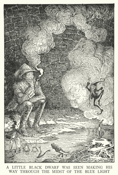 A little black dwarf was seen making his way through the midst of the blue light by Louis John Rhead