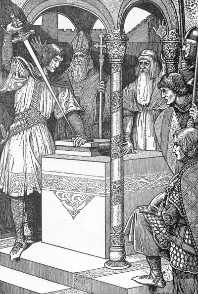 Arthur Drew Forth the Sword Excalibur from an Anvil, Illustration by Louis Rhead from 