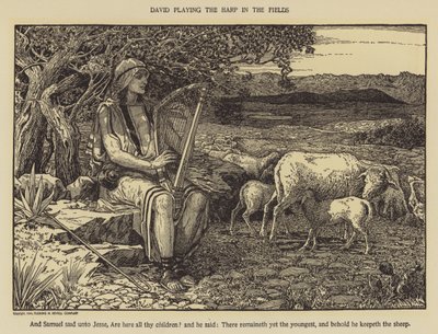 David playing the harp in the fields by Louis John Rhead