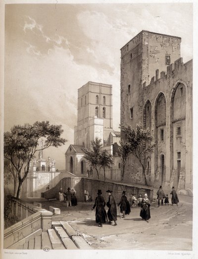 Palace of the Popes in Avignon, and the Avignon walkers in the 19th century by Louis Julien Jacottet