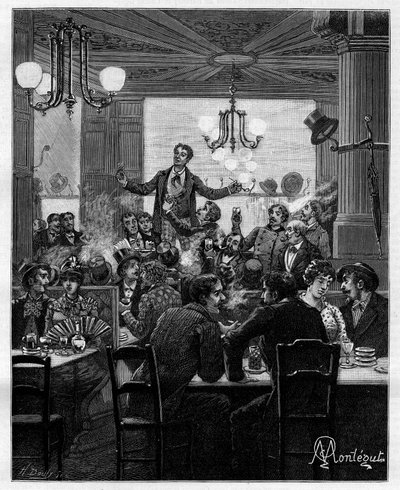 In the middle, on a table, Desroches leads the charivari. Scene in a Parisian cafe: people sing, drink, smoke, chat and flirt around tables. In 