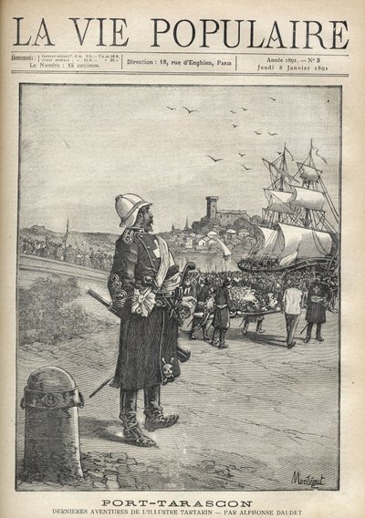 Man observing a defile of the Tarasque on the port of the island of Port Tarascon. Illustration by Montegut for 