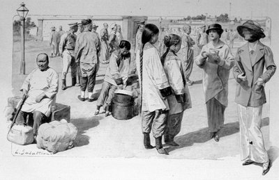 Chinese and European travellers from the Trans-Siberian during a stopover. 1913. Illustration by Sabatier by Louis Remy Sabatier