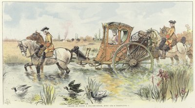 A woman riding in a horse-drawn carriage as it travels through a river by Louis Vallet