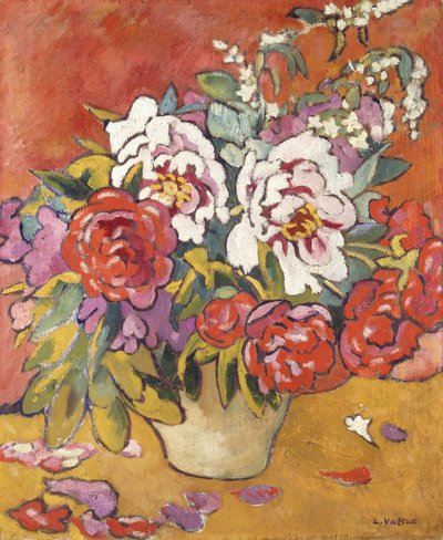 Peonies in a Pitcher against a Red Background by Louis Valtat