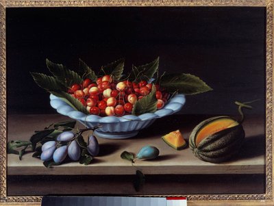 Cup of cherries, plums and melon by Louise Moillon