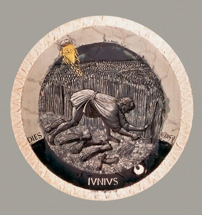 June: a peasant harvesting the wheat. Terracotta by Luca della Robbia by Luca Della Robbia