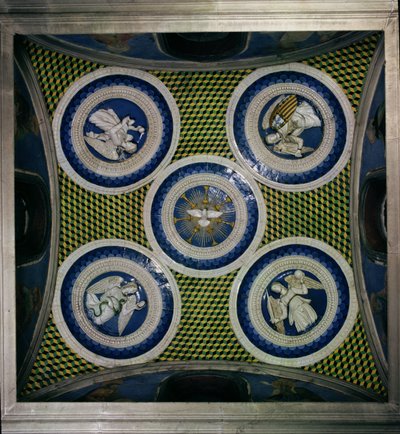 View of the ceiling with roundels representing the Holy Spirit and the Four Cardinal Virtues by Luca Della Robbia