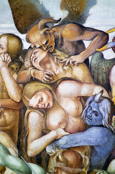 Damned in hell (detail with self-portrait of Luca Signorelli as a blue demon), from Last Judgment fresco cycle by Luca Signorelli
