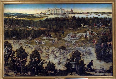 Hunting in honor of Charles V at Torgau Castle in Germany by Lucas the Elder Cranach