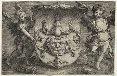 A Shield Bearing a Mask Supported by Two Genii, 1527 by Lucas van Leyden