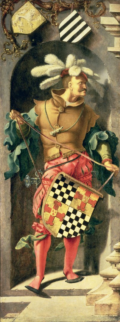 The Healing of the Blind Man of Jericho, left side panel of triptych showing warrior with the patron