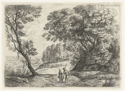 Landscape with a Man and Woman in Conversation, Six Landscapes (series title) by Lucas van Uden