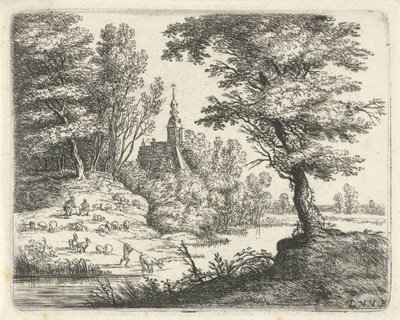 Landscape with Shepherds and Cattle by a River (series: Small Landscapes) by Lucas van Uden