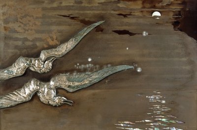 A metal lacquer panel with applied silver sea gulls, c.1900 by Lucien Gaillard