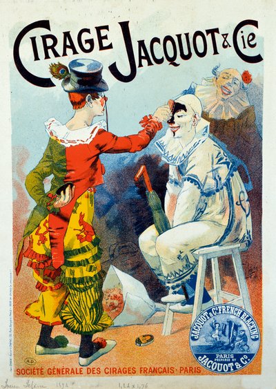 Advertising for Jacquot Polish. Two Clowns Making Up with Polish. Drawing by Lucien Lefevre. 1894 Paris. Arts Decoratifs - Advertisement for Wax Jacquot: Two Clowns Making Up with Shoe Polish, by Lucien Lefevre by Lucien Lefevre