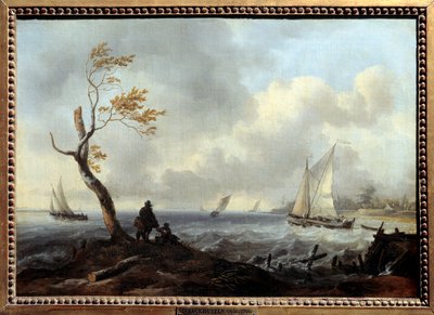 Fishing boat and coastal boat in bad weather or gale by Ludolf I Backhuysen