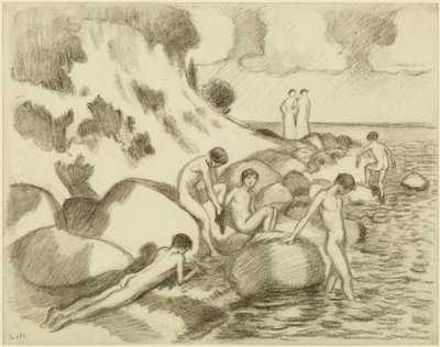 Bathing Boys on the Beach, in the Background Two Women by Ludwig von Hofmann
