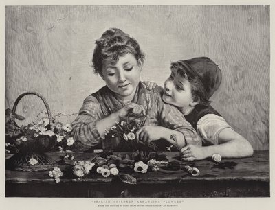 Italian Children Arranging Flowers by Luigi Bechi