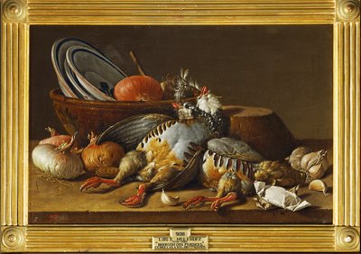Still-life with Two Partridges, Onions and Kitchenware by Luis Menendez or Melendez