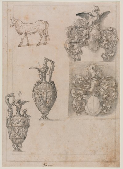Design for Two Vases, Two Coats of Arms, and a Bull (recto), mid 1500s by Luzio Romano