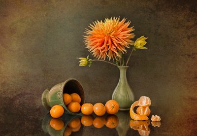 Autumn Dahlia and Tangerines by Lydia Jacobs