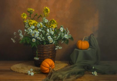 Autumn Flowers and Pumpkins by Lydia Jacobs