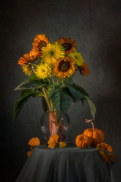 Autumn Sunflowers and Pumpkins by Lydia Jacobs