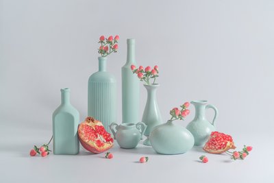 Blue Vases Pomegranate Display by Lydia Jacobs