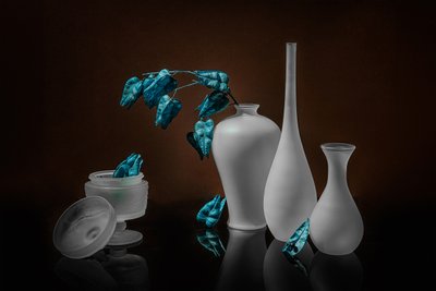 Frosted Vases Blue Leaves by Lydia Jacobs