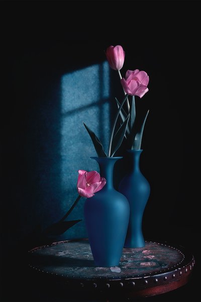 Pink Tulips Blue Vases by Lydia Jacobs