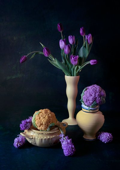 Purple Tulips And Cauliflower by Lydia Jacobs