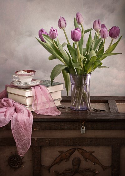 Purple Tulips and Old Books by Lydia Jacobs