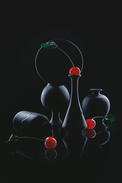 Red Cherries Dark Still Life by Lydia Jacobs