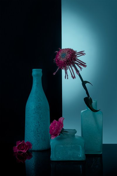 Teal Bottles with Blooms by Lydia Jacobs