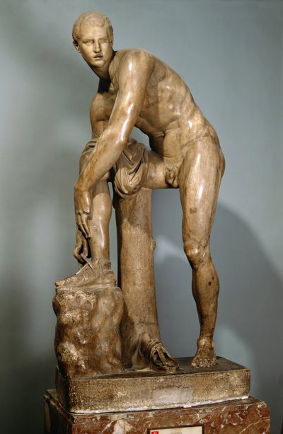 Hermes Tying His Sandal, Roman Copy of a Greek Original Attributed to Lysippos by Lysippos (after)