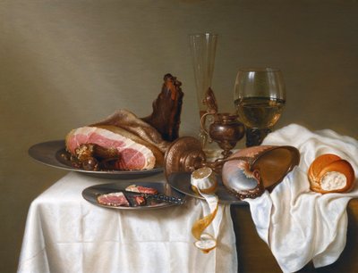 Still Life with Ham and Nautilus Cup by Maerten Boelema de Stomme