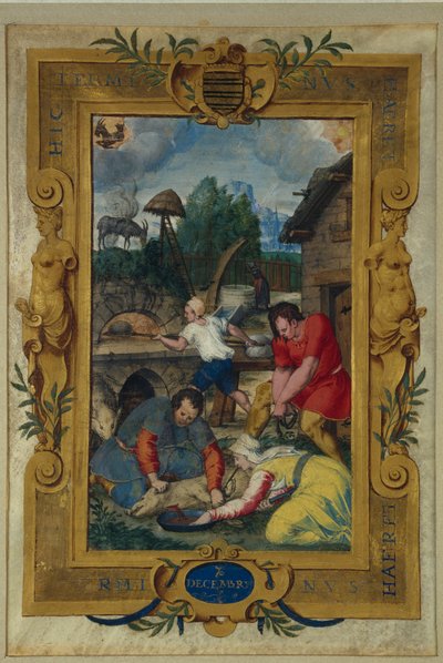 Calendar page for December, slaughtering of the pig, from a book of hours, c.1550-60 by Maitre des Heures de Claude Gouffier