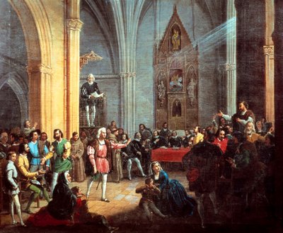 Christopher Columbus during the reading of the Royal Pragmatic (detail) by Manuel Cabral y Aguado Bejarano