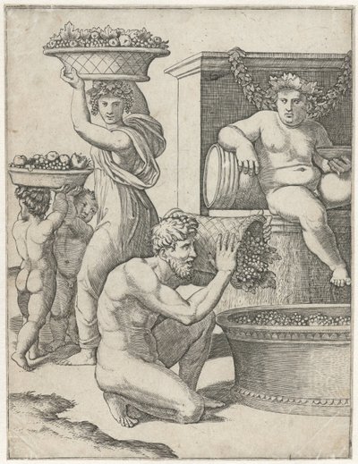 Bacchus watches as a man and woman and two children carry baskets of grapes for winemaking (Winemaking) by Marcantonio Raimondi