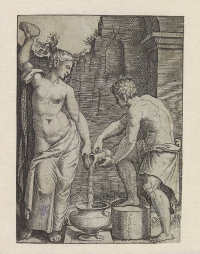 Half-Naked Woman Washing with Sponges and Male Servant Pouring Water into a Vat Woman with Two Sponges by Marcantonio Raimondi