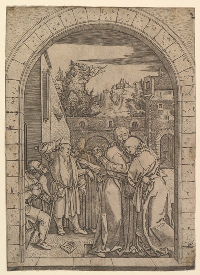 Joachim Embracing Saint Anne Under the Golden Gate in Jerusalem, after Dürer by Marcantonio Raimondi