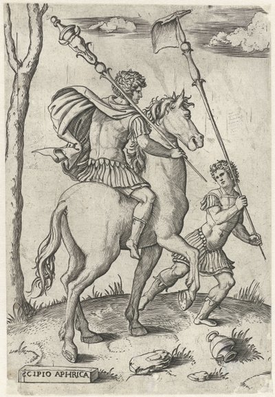 Roman Generals Scipio Africanus Major on Horseback and Scipio Africanus Minor by Marcantonio Raimondi