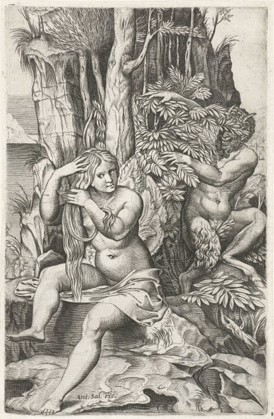 Satyr Spying on a Nymph During Her Toilet, Pan and Syrinx by Marcantonio Raimondi