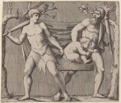 Two Fauns Carrying a Child by Marcantonio Raimondi